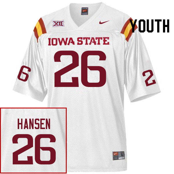 Youth #26 Carson Hansen Iowa State Cyclones College Football Jerseys Stitched Sale-White - Click Image to Close